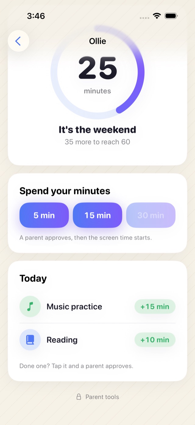 BrainBank kid dashboard: a progress ring showing 25 banked minutes, spend buttons, and today's routines