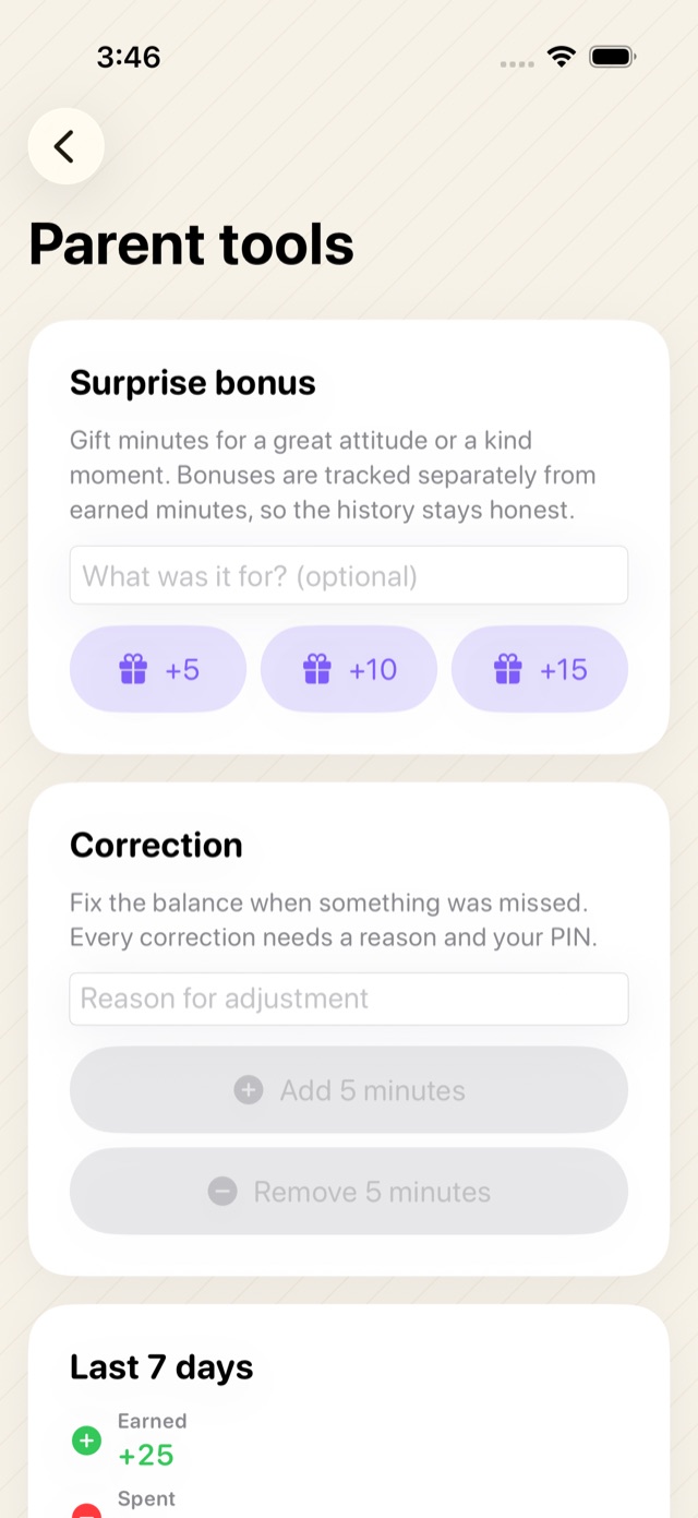 BrainBank parent tools: surprise bonus, corrections, weekly summary and full history